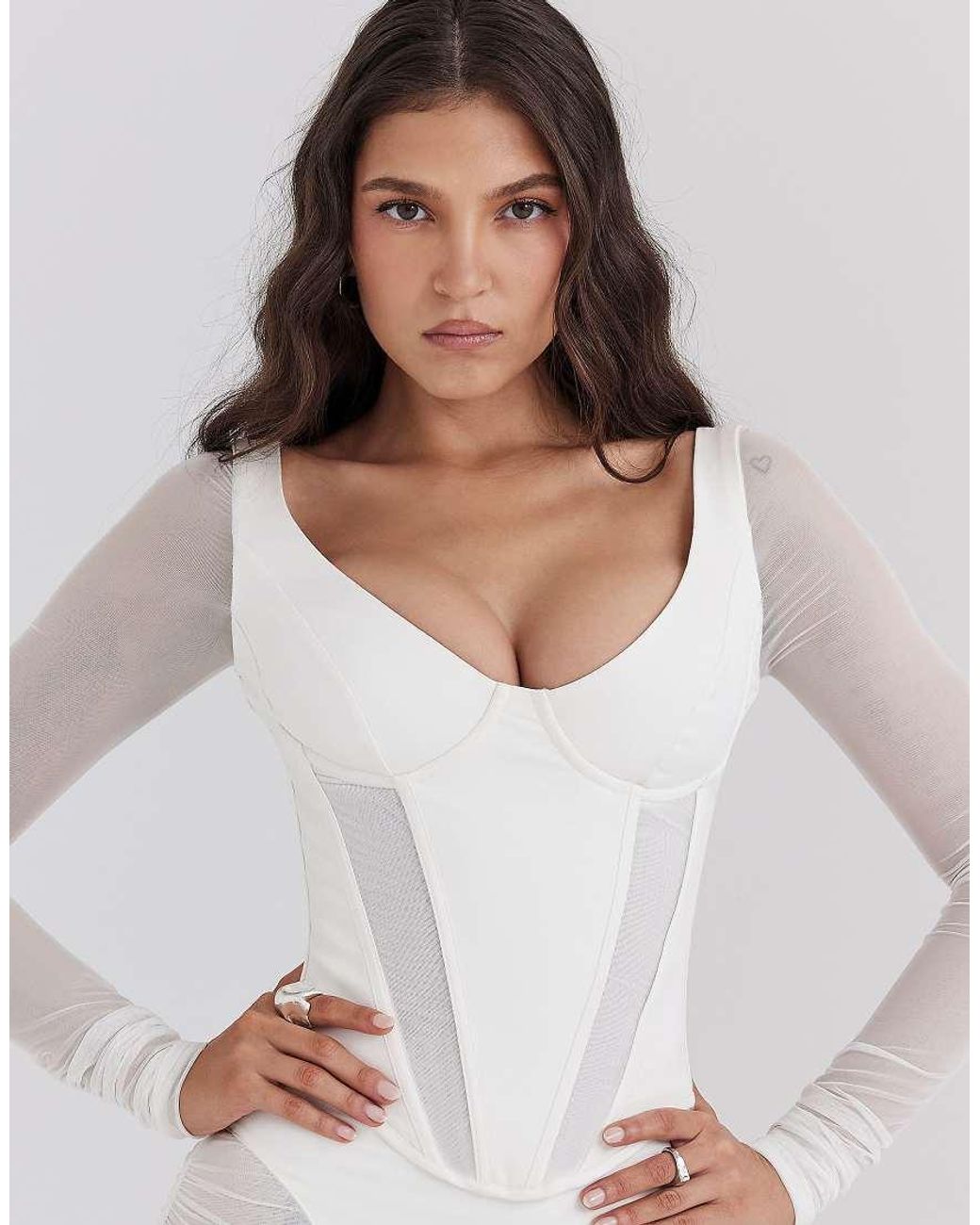 House Of Cb White Araminta Long Sleeve Mesh Corset