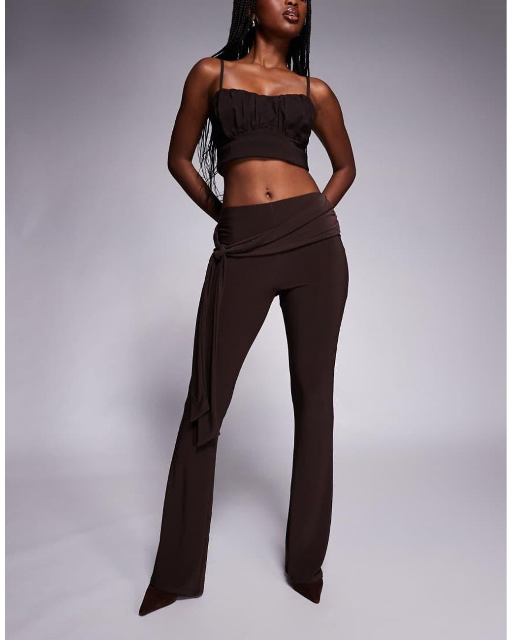 ASOS Brown Tie Waist Slinky Kick Flare Trousers