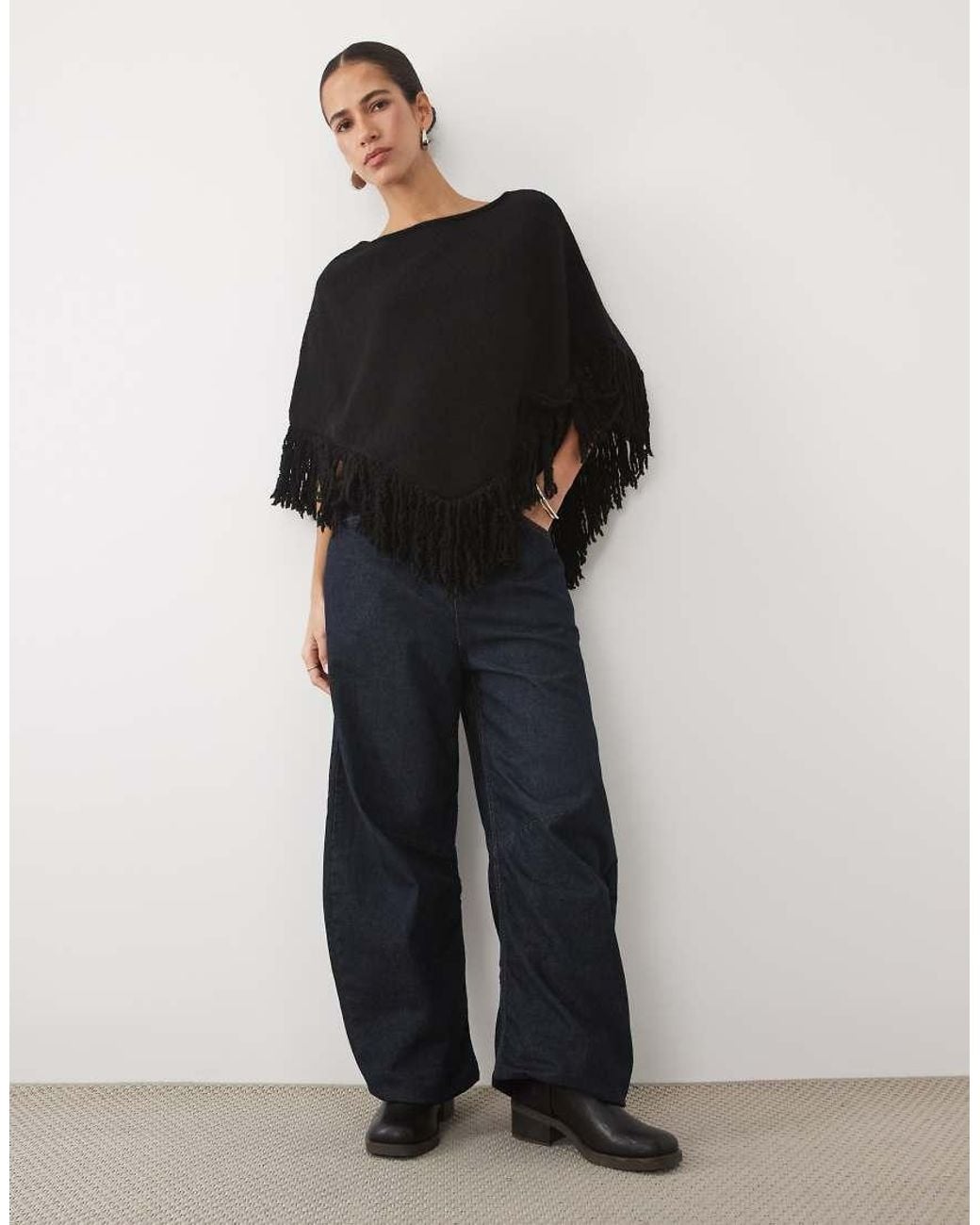 New Look Black Fringed Knitted Poncho