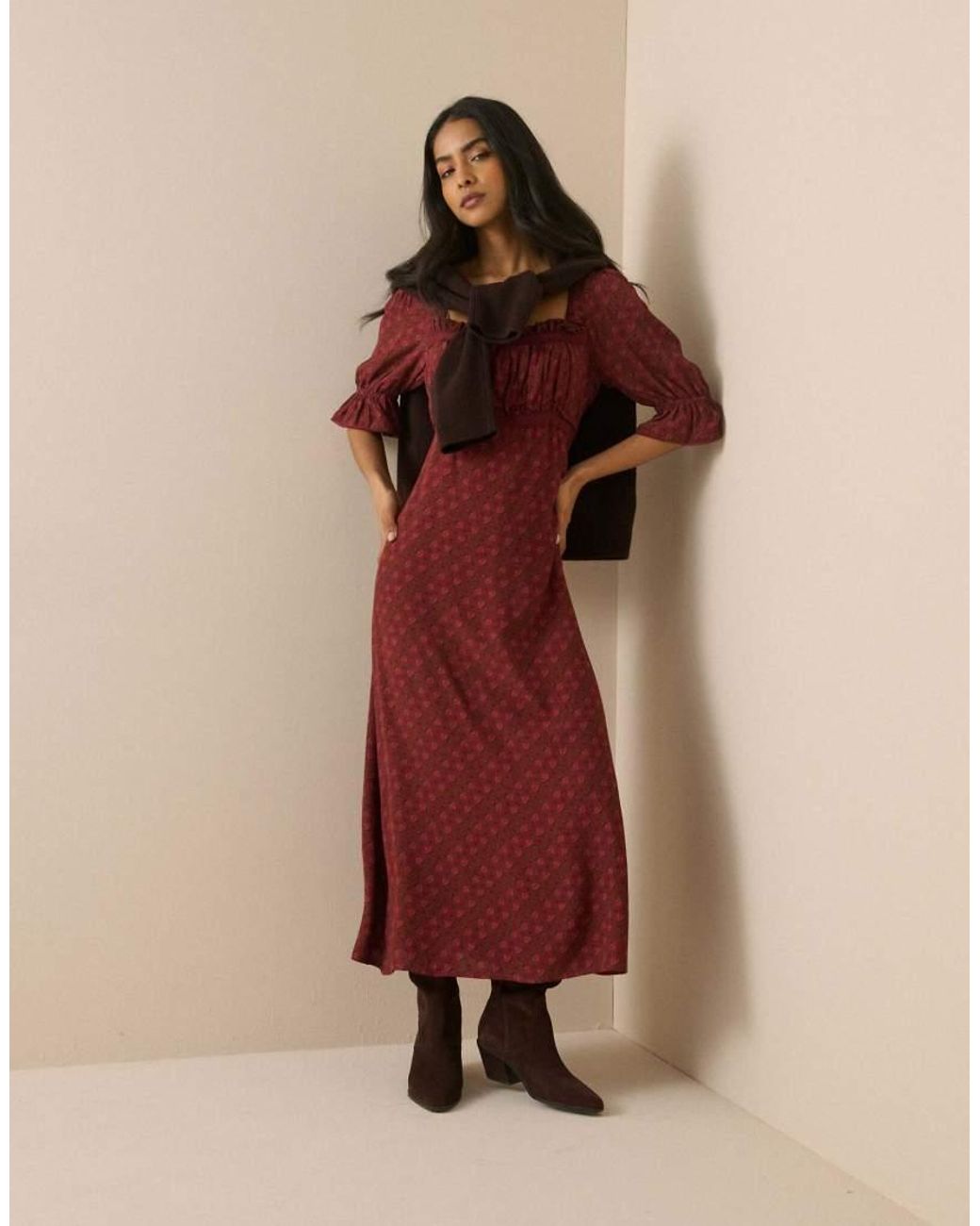 Nobody's Child Red Floral Frill Trim Winslet Midi Dress