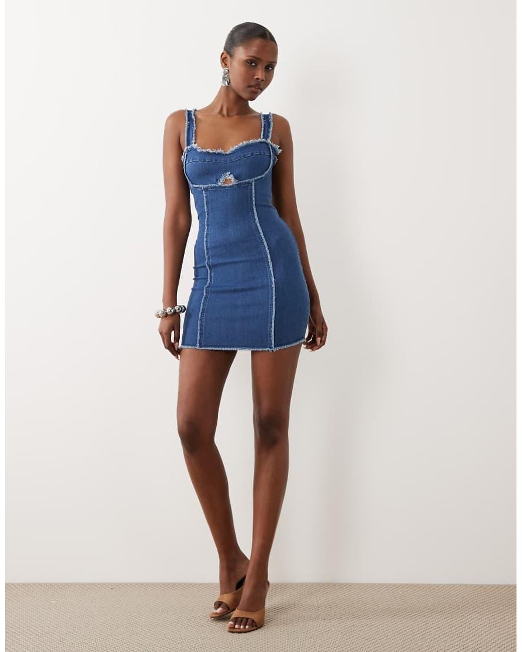 The Frolic Blue Exclusive Denim Raw Edge Seam Detail Mini Dress