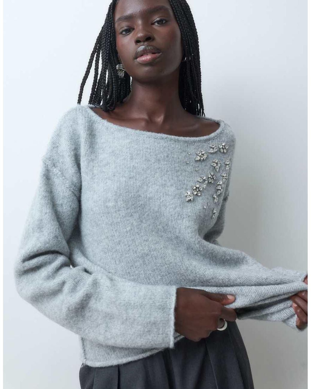 Miss Selfridge Gray Embellished Slouchy Jumper