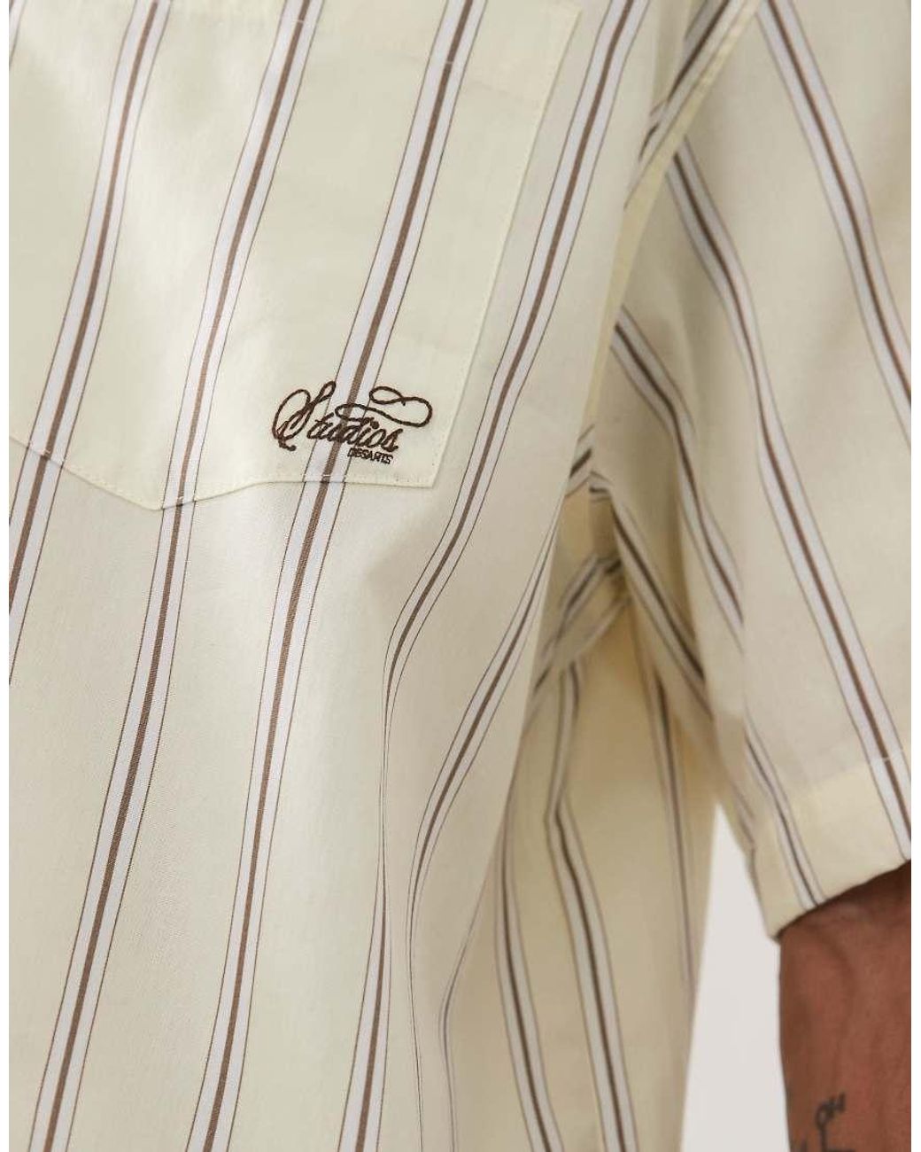ASOS Natural Boxy Oversized Stripe Poplin Revere Shirt With Embroidery for men