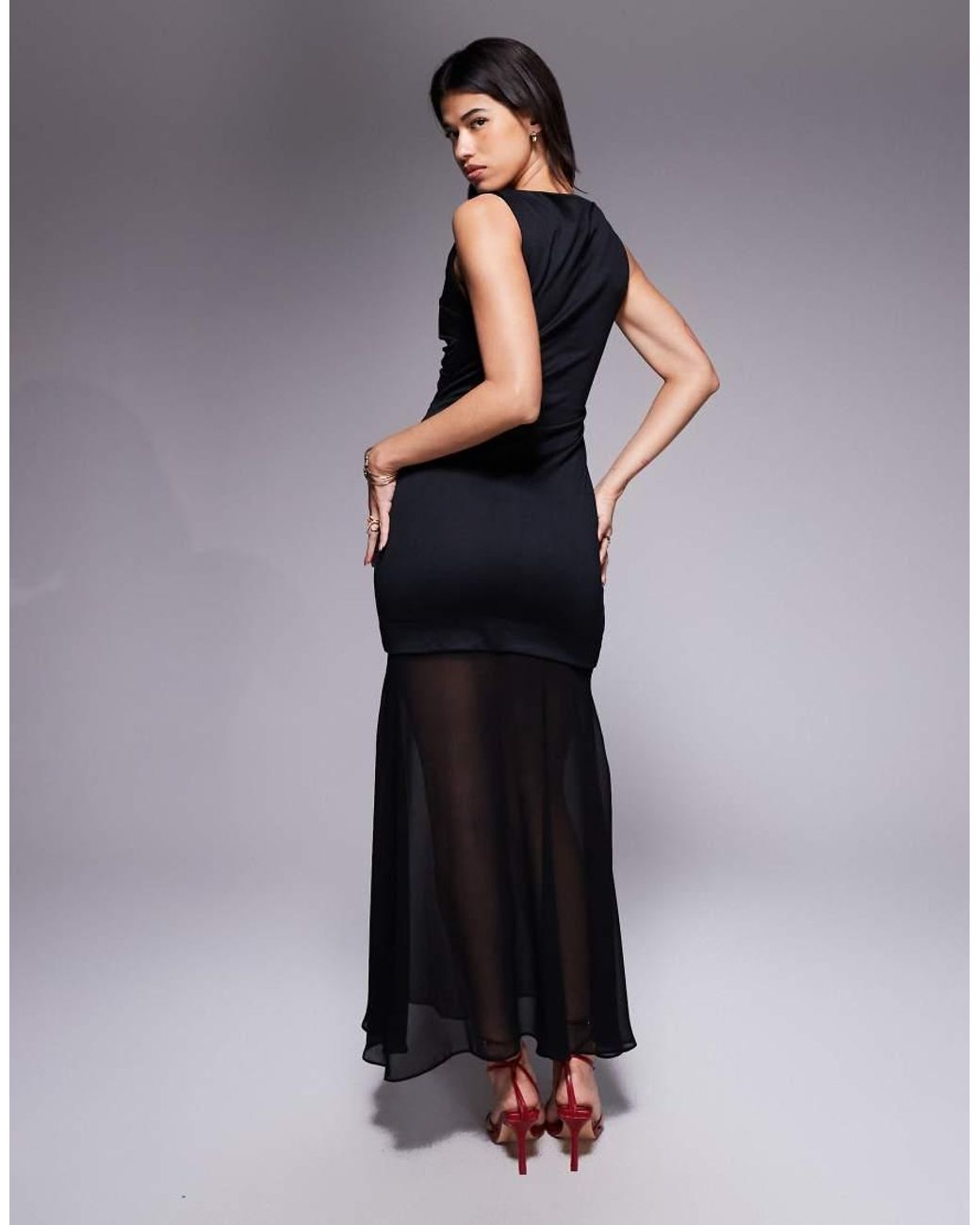 ASOS Blue High Neck Slash Draped Midi Dress With Chiffon Skirt