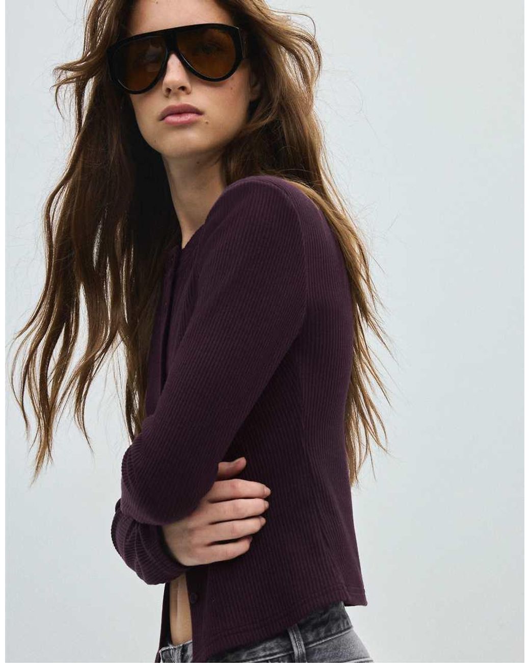 Stradivarius Purple Knit Cardigan With Shoulder Pads