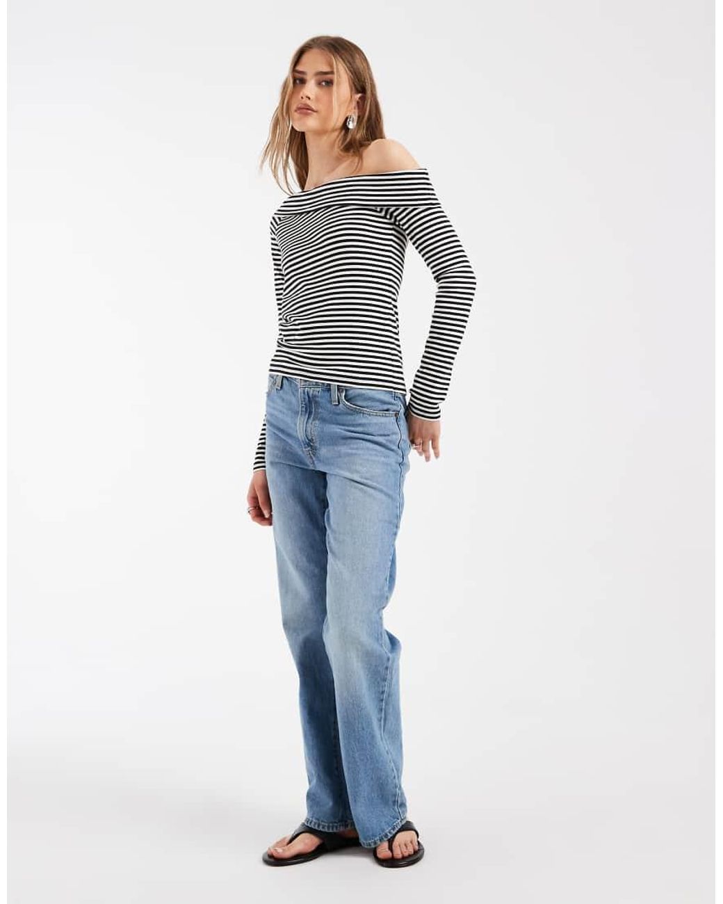 Levi's Blue Clara Off The Shoulder Asymmetric Striped Jumper