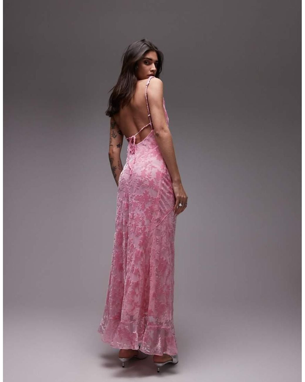 knee length dresses for ladies Rent Topshop V Neck Lace Insert Midi Dress In Pink And Orange main image 0
