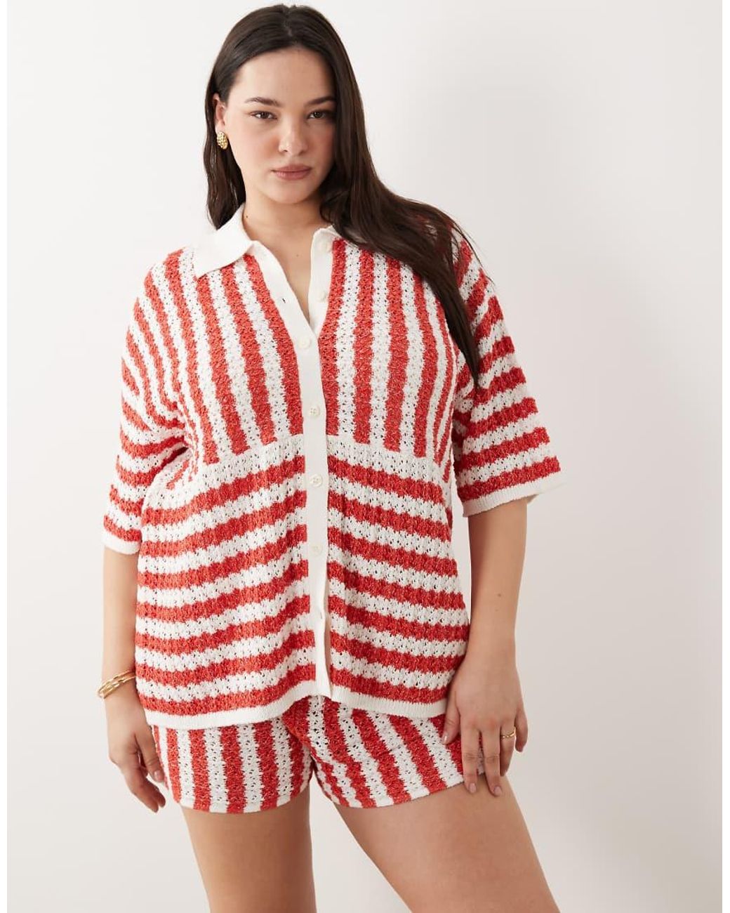 ASOS Red Asos Design Curve Beach Knit Button Up Top