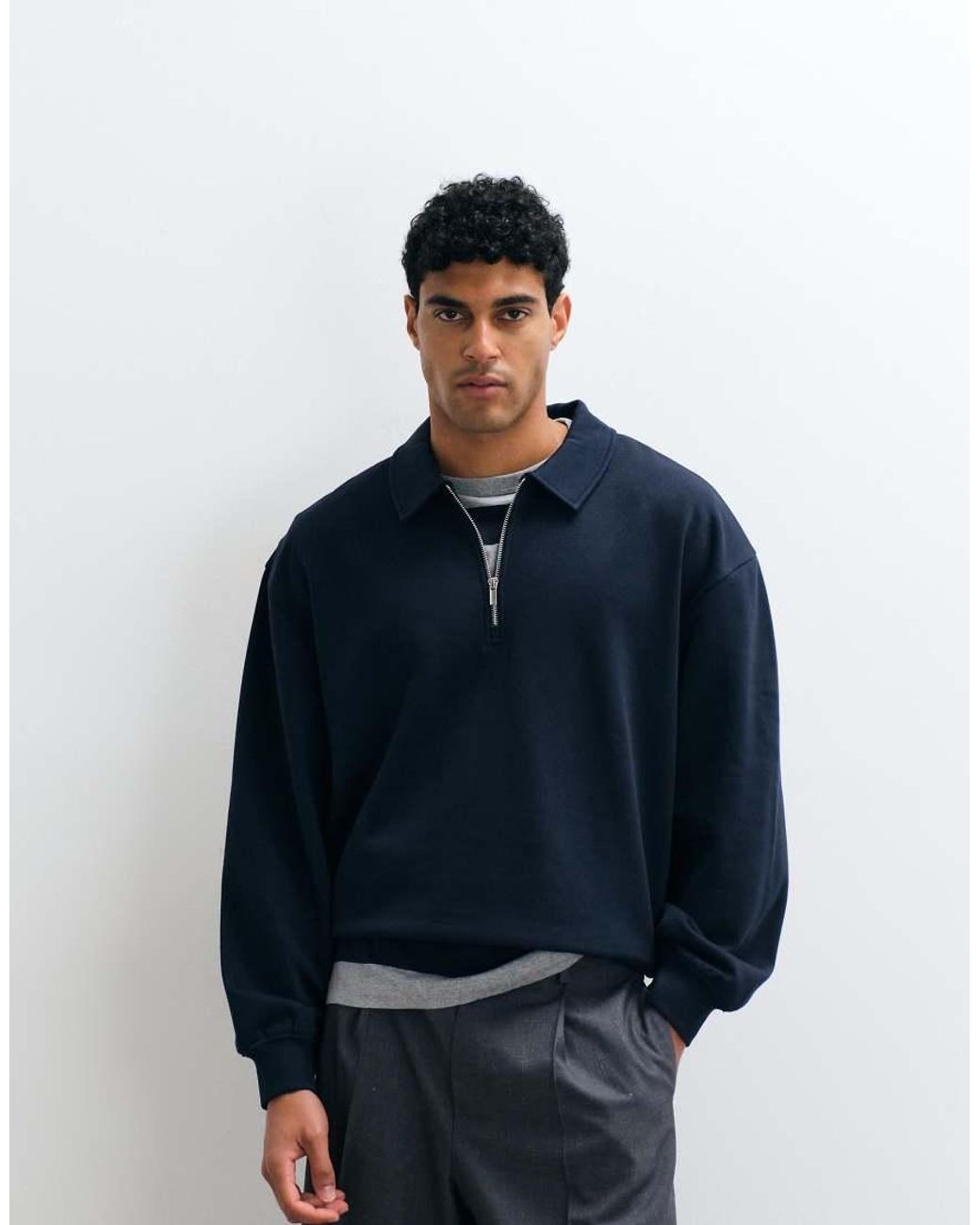 ASOS Blue Oversized Boxy Quarter Zip Polo for men