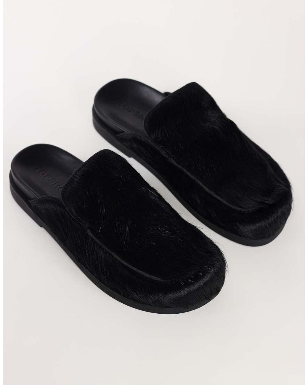TOPSHOP Black Alexia Long Hair On Real Leather Loafer Mule
