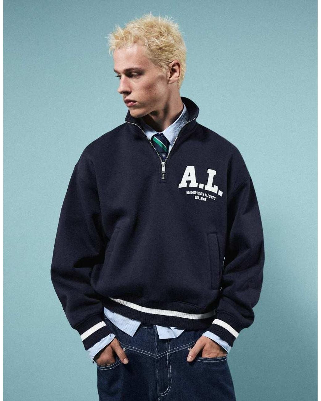 Bershka Blue Half-length Zip Patch Sweatshirt for men