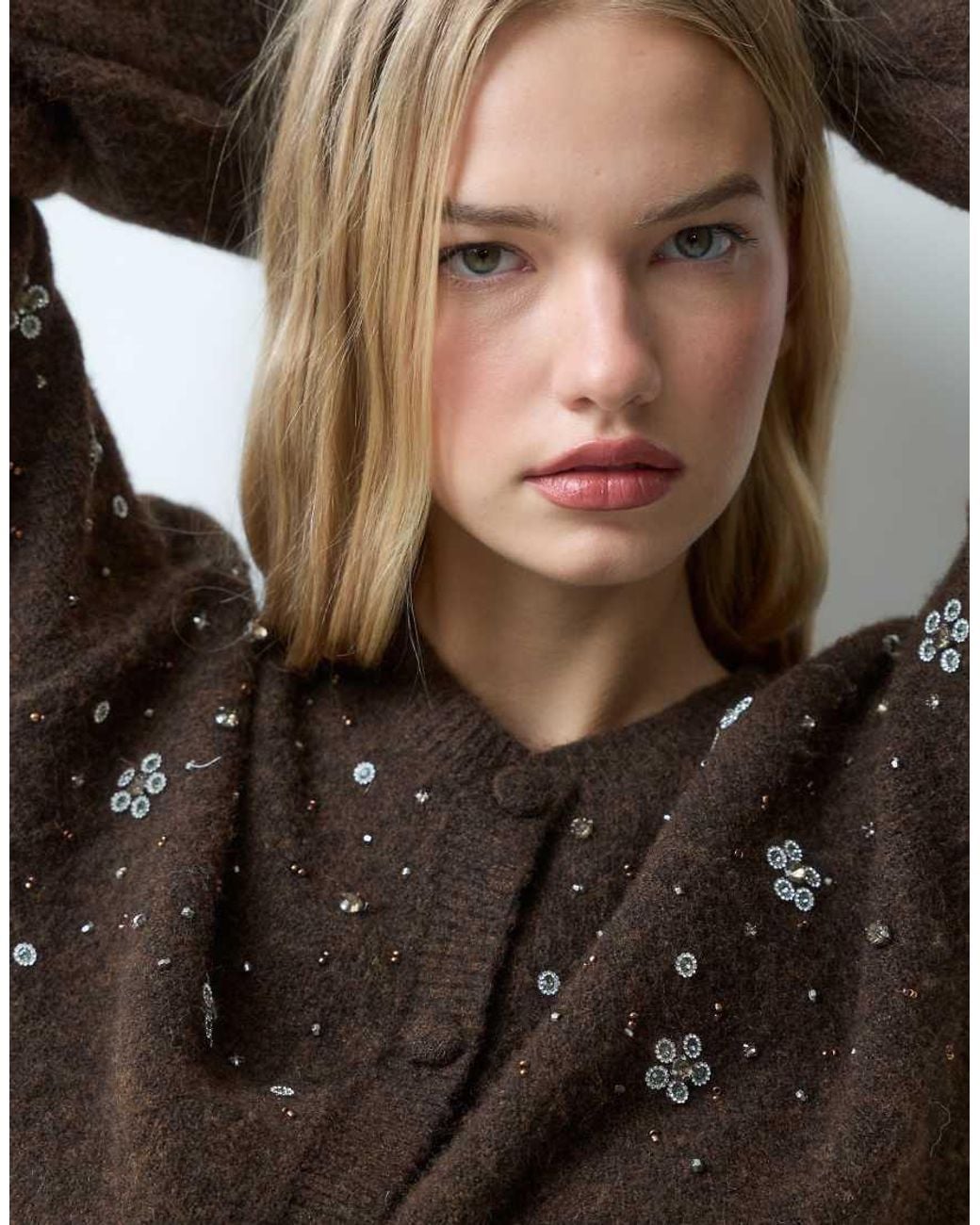 Miss Selfridge Green Embellished Button Through Pocket Detail Cardigan