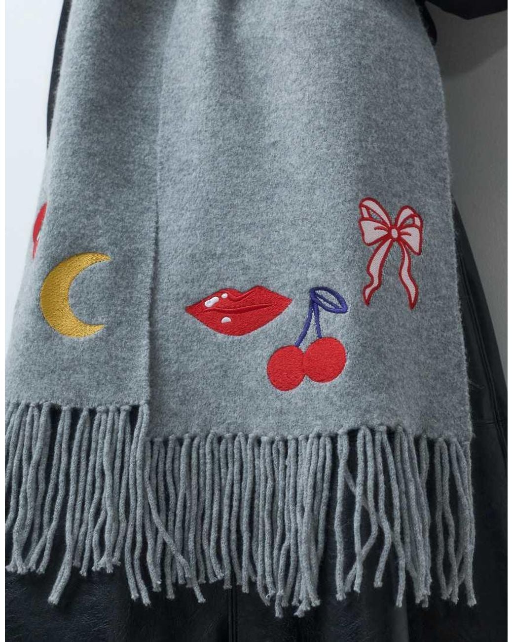 Pieces Blue Knitted Long Tassel Scarf With Embroidered Motif Details