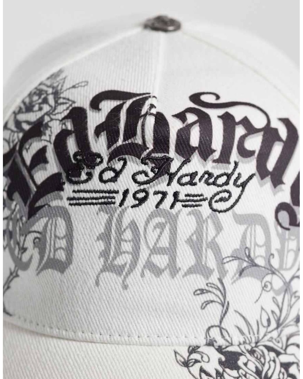 Ed Hardy White Distressed Floral Gothic Trucker Cap