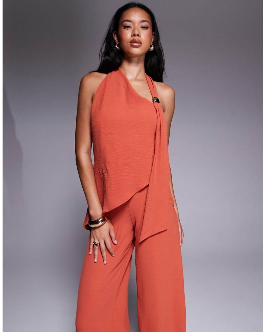 ASOS Red Trim Detail Halter Overlay Jumpsuit