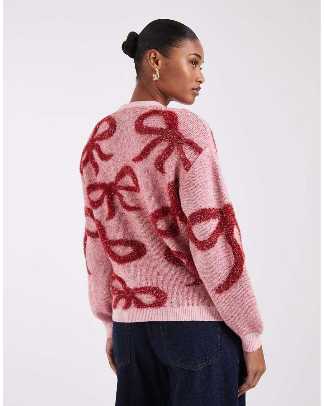 Noisy May Pink Crew Neck Christmas Sweater With Bows