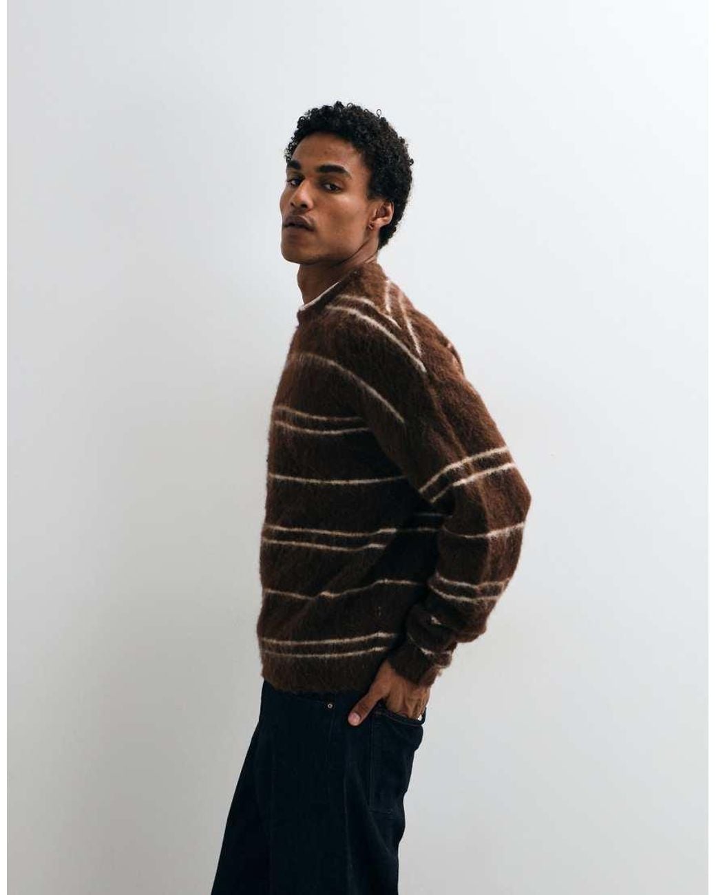 ASOS Black Oversized Knitted Brushed Stripe Sweater for men