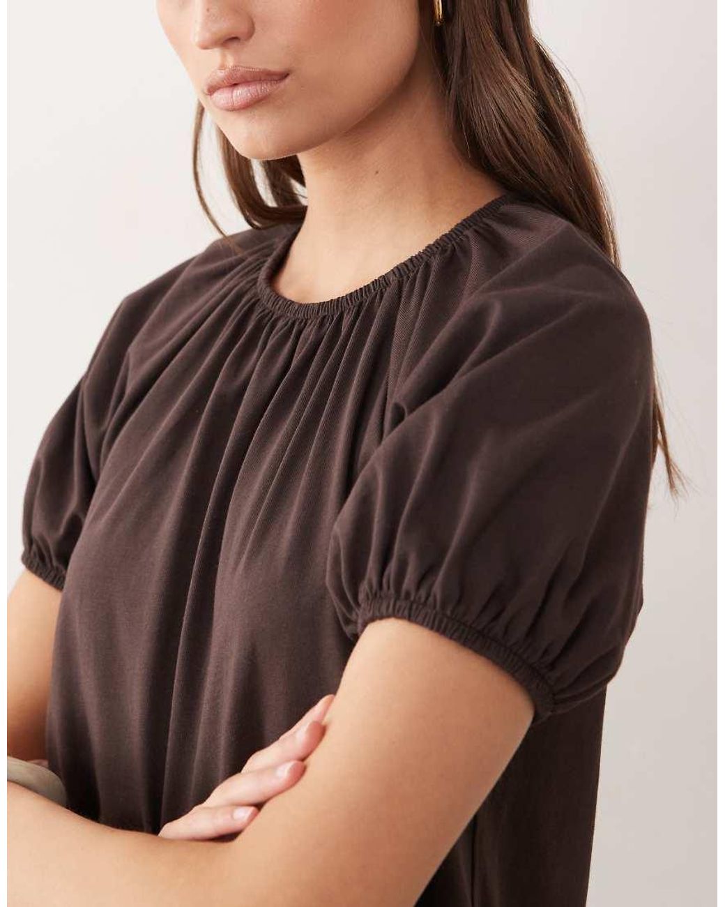 ASOS Brown Puff Sleeve Mini Dress With Gathering Details