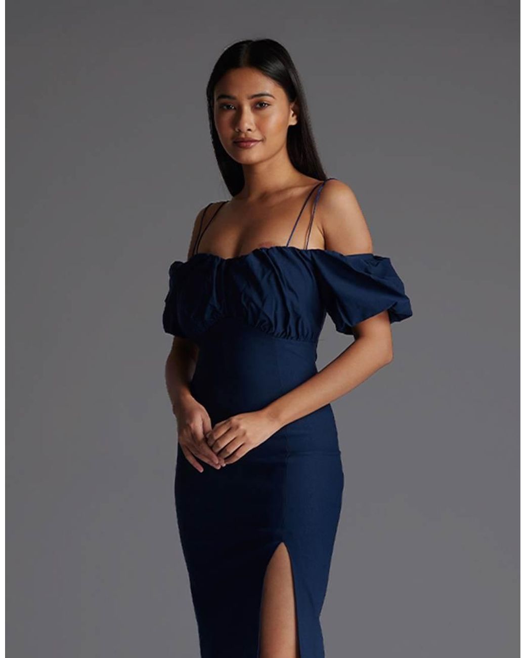 Vesper Blue Bardot Ruched Midaxi Dress With Short Sleeve