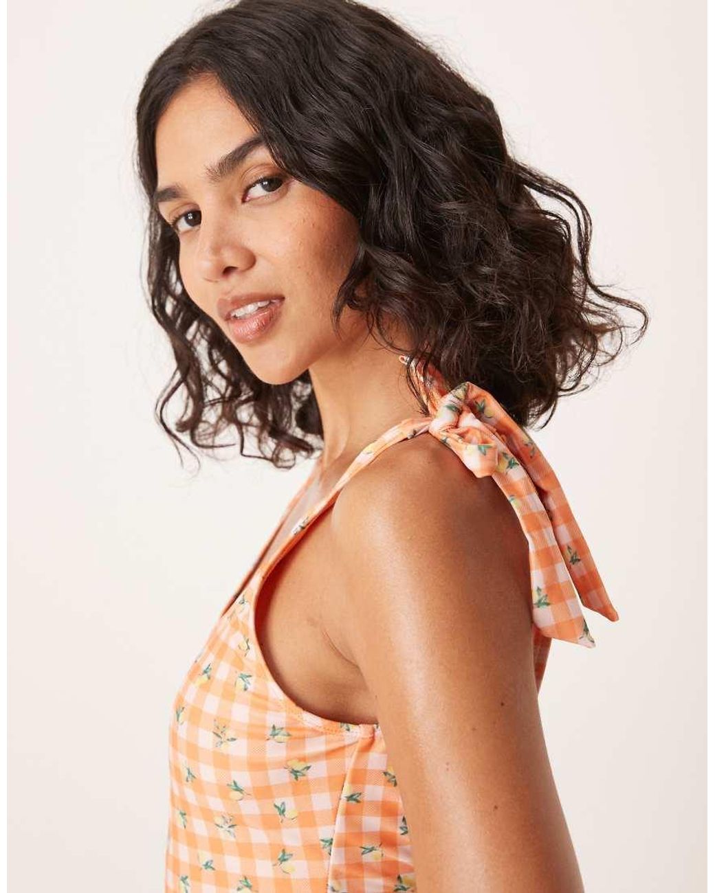 Brave Soul Orange Gingham Scoop Neck Swimsuit