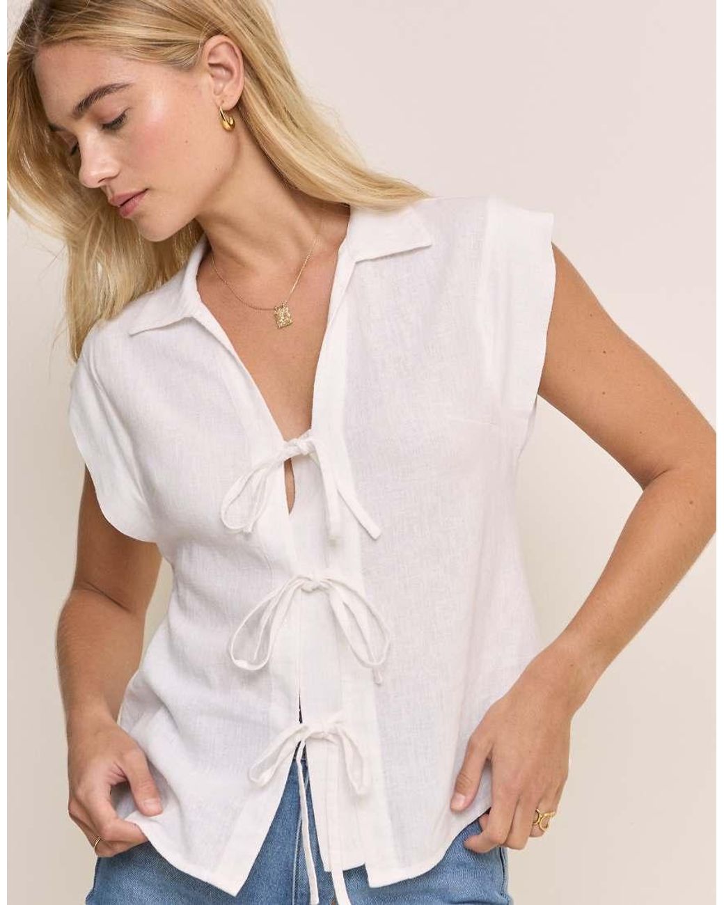 Nobody's Child Blue Ember Linen Blend Collar Detail Tie Front Top