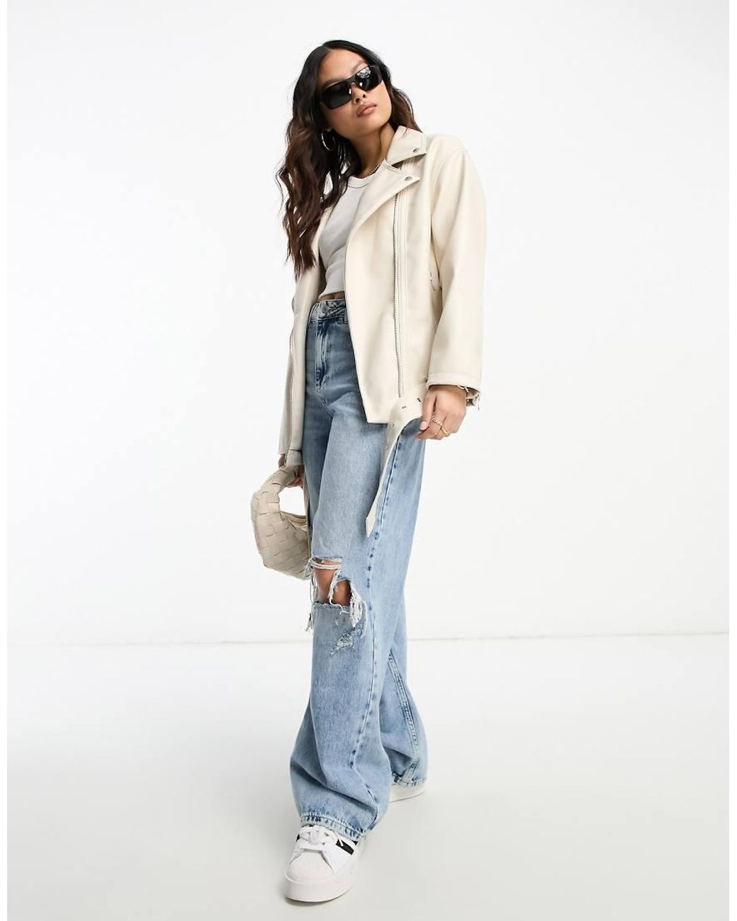 ASOS White Petite Longline Oversized Faux Leather Biker Jacket