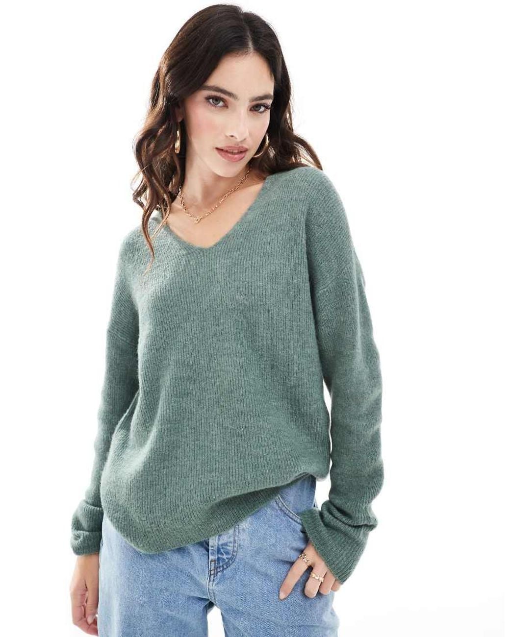 Vero Moda Green Rewlefile Ribbed Loose Fit V-Neck Knitted Drop Shoulder Jumper