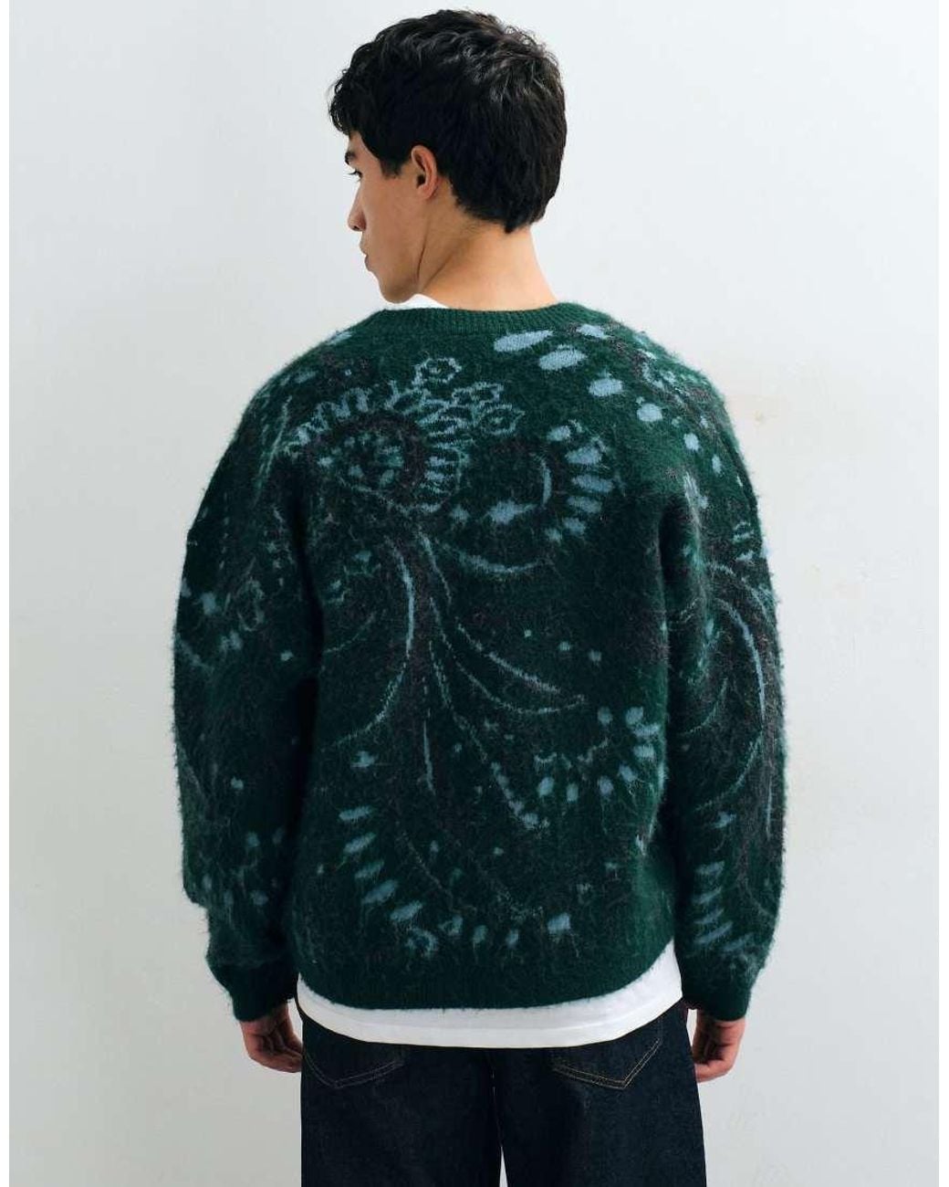 Reclaimed Vintage Green Tapestry Print Oversized Knit Cardigan for men