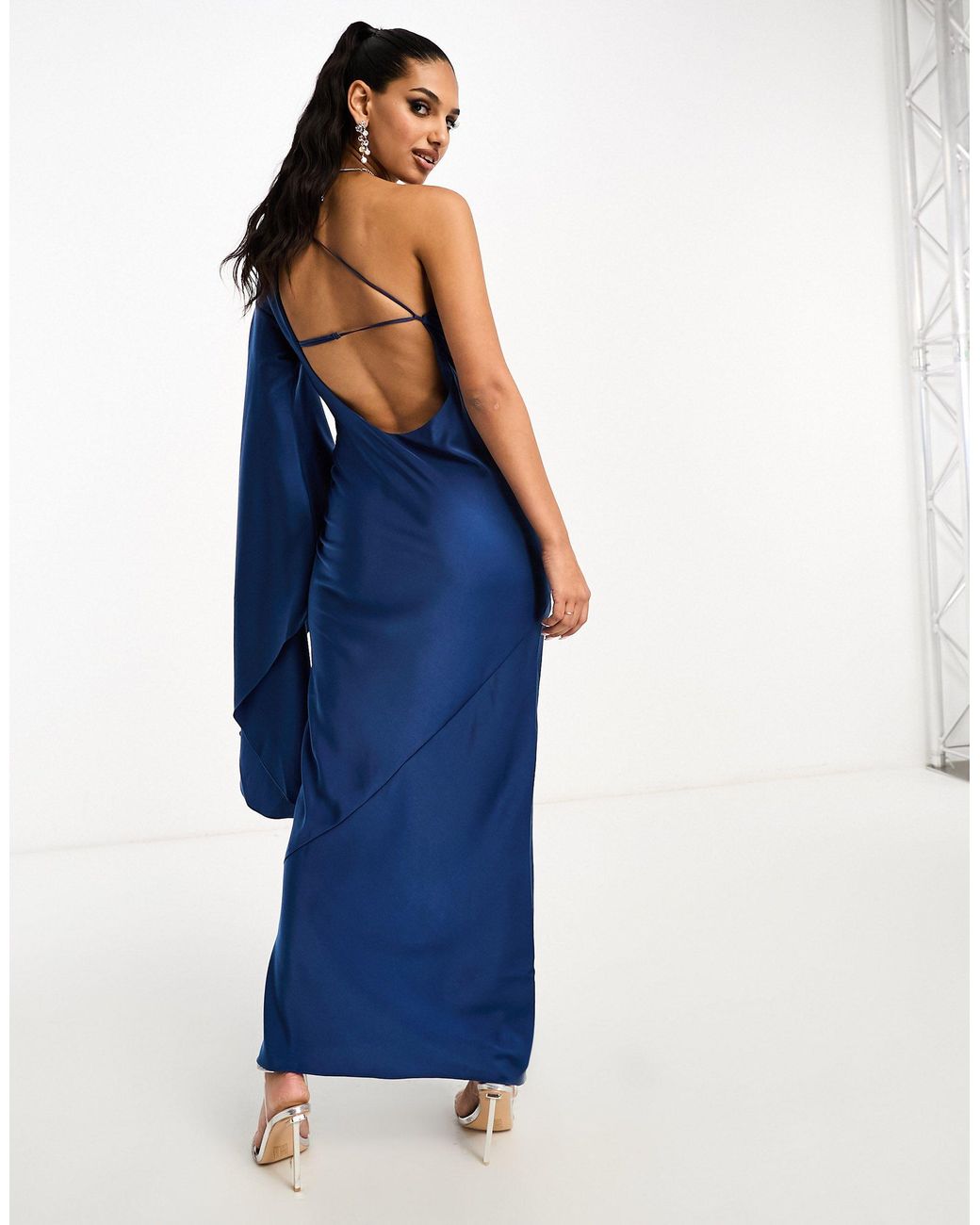 ASOS Satin One Shoulder Flare Sleeve Maxi Dress With Back Detail in Blue |  Lyst UK