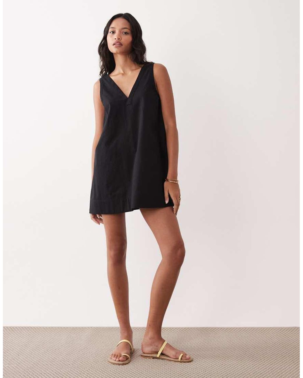 ASOS Black Cotton Linen V Neck Smock Mini Dress