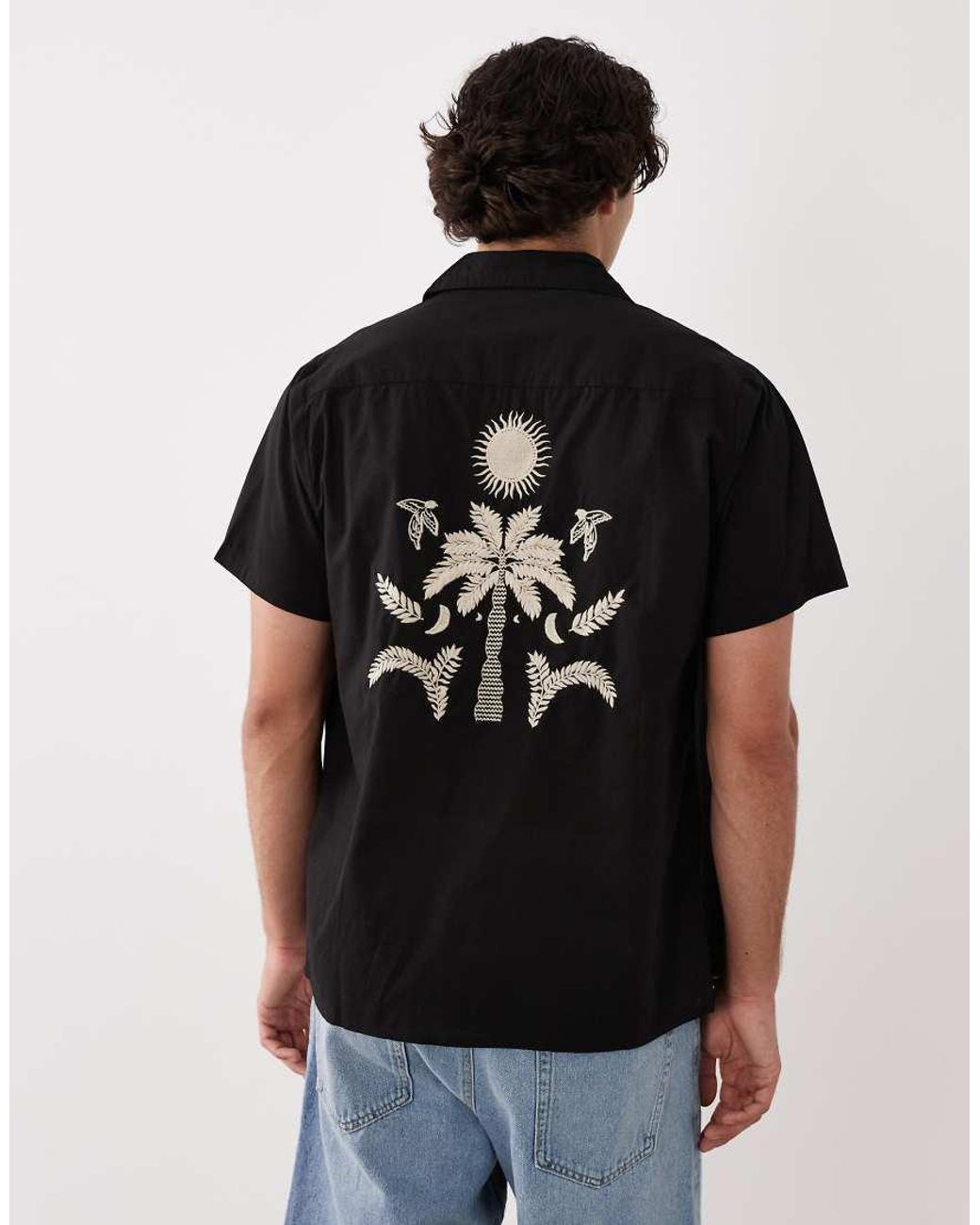 South Beach Black Embroidered Back Print Shirt for men