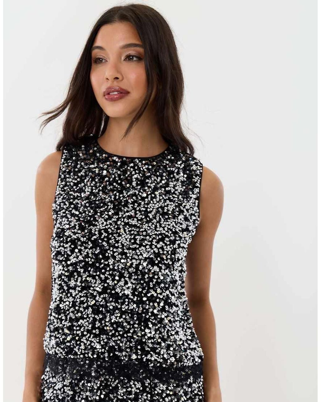 Threadbare Black Sequin Shell Top With Lace Trim