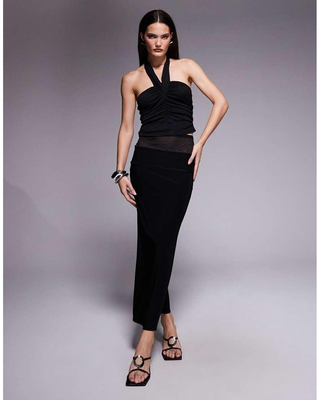 ASOS Black Slinky Halter Neck Ruched Crop Top