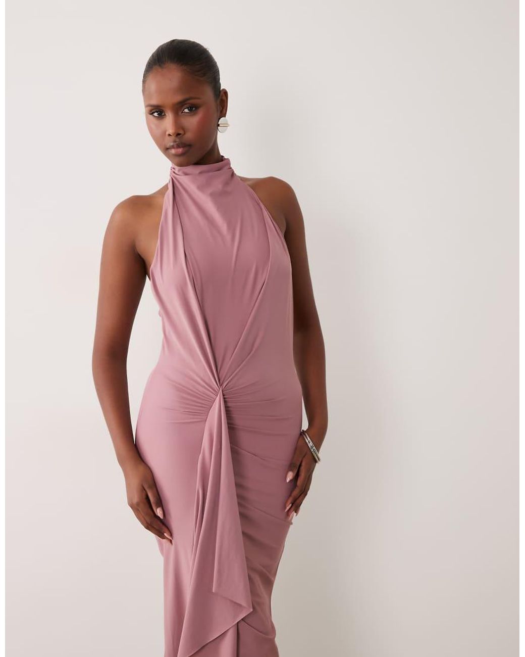 ASOS Pink Sculpting Jersey High Neck Drape Ruffle Maxi Dress