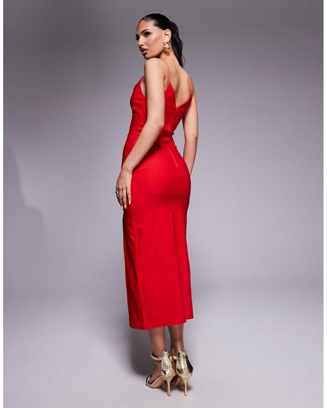 Vesper Red Cami Strap Midaxi Dress With Thigh Split