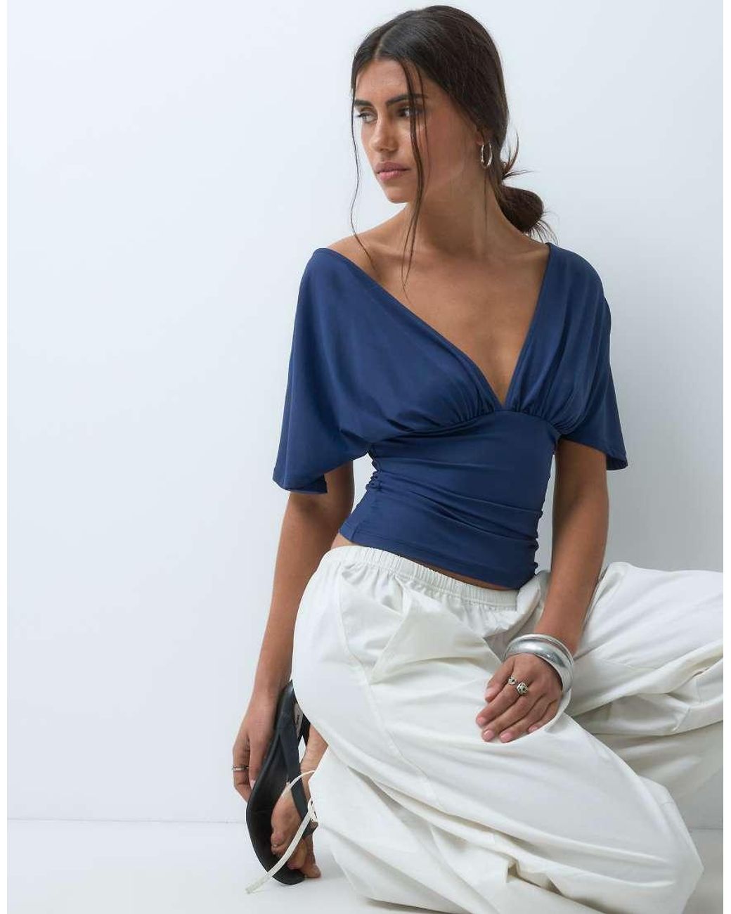 ASOS Blue Polyamide Plunge Sleeveless Tie Back Cinch Top