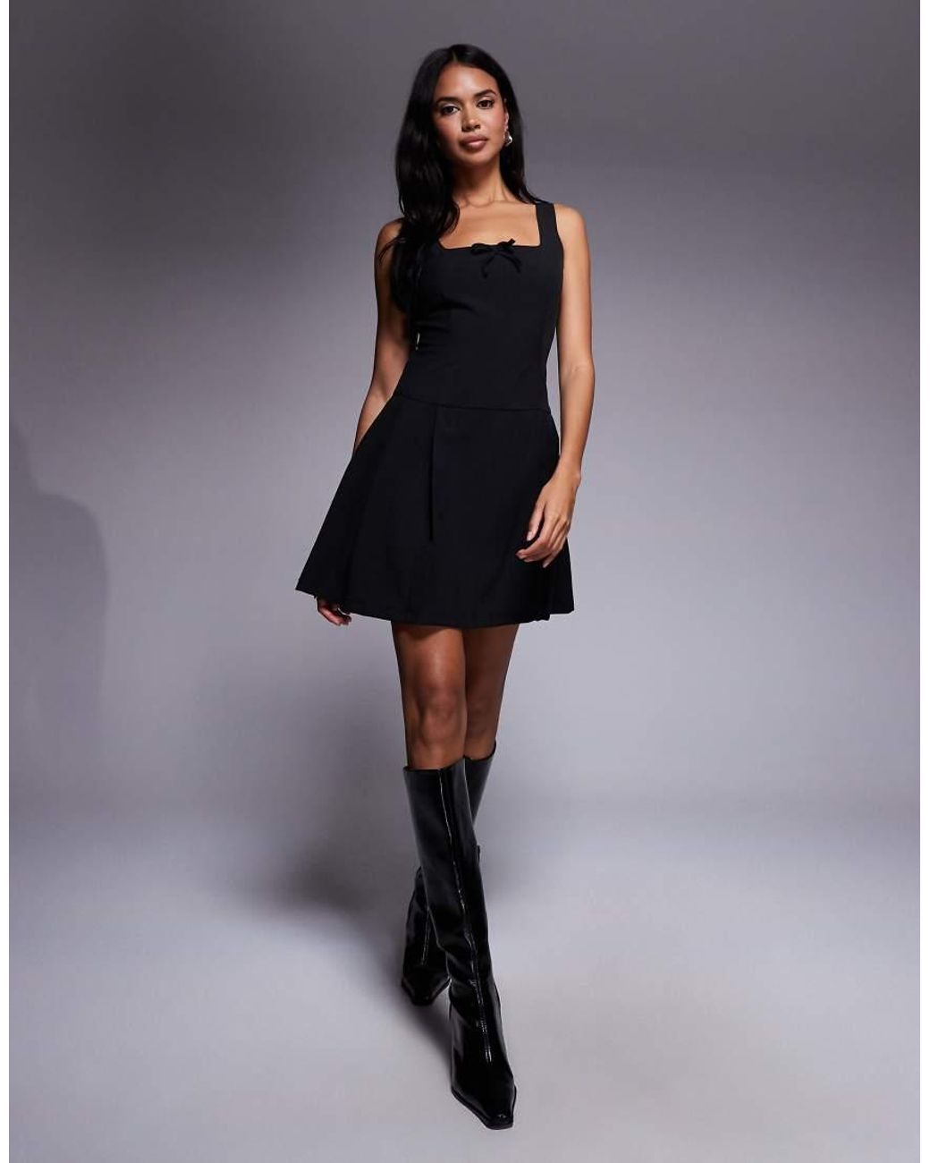 Brave Soul Black Square Neck Pleated Mini Dress With Bow Detail