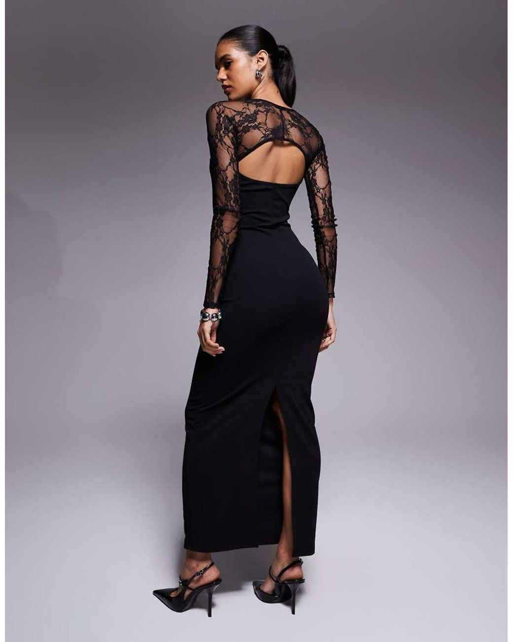 ASOS Gray Midi Dress With Cutaway Lace Long Sleeves