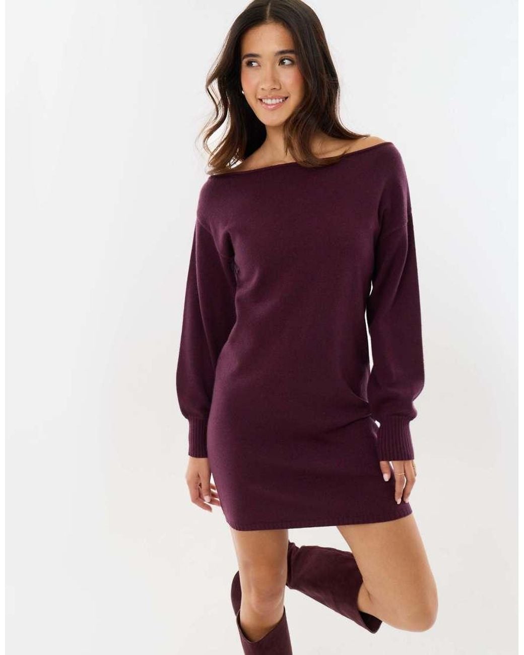 Threadbare Purple Slash Neck Mini Jumper Dress