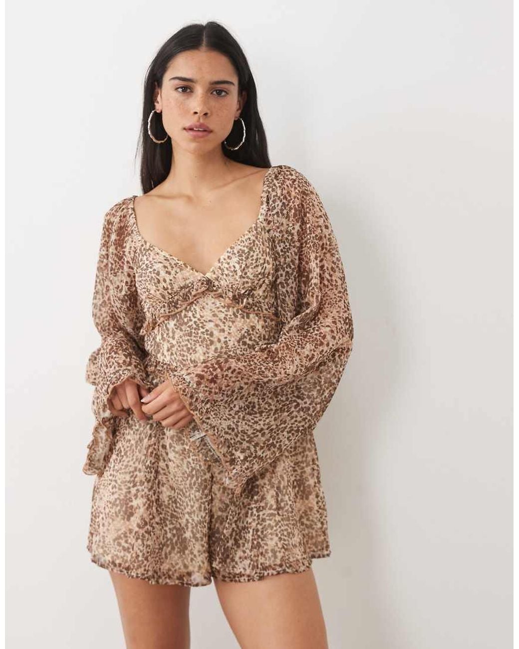 Miss Selfridge Brown Long Sleeve Chiffon Playsuit