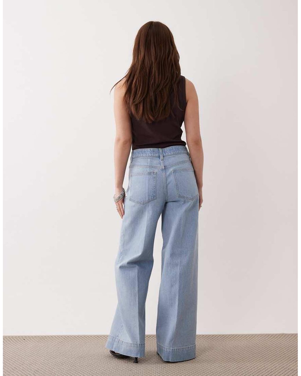 ASOS Blue Asos Design Petite High Waist Wide Leg Jeans With Front Pockets