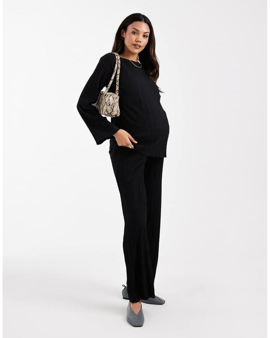 Mama.licious Black Mamalicious Maternity Long Sleeve Plisse Top Co-ord
