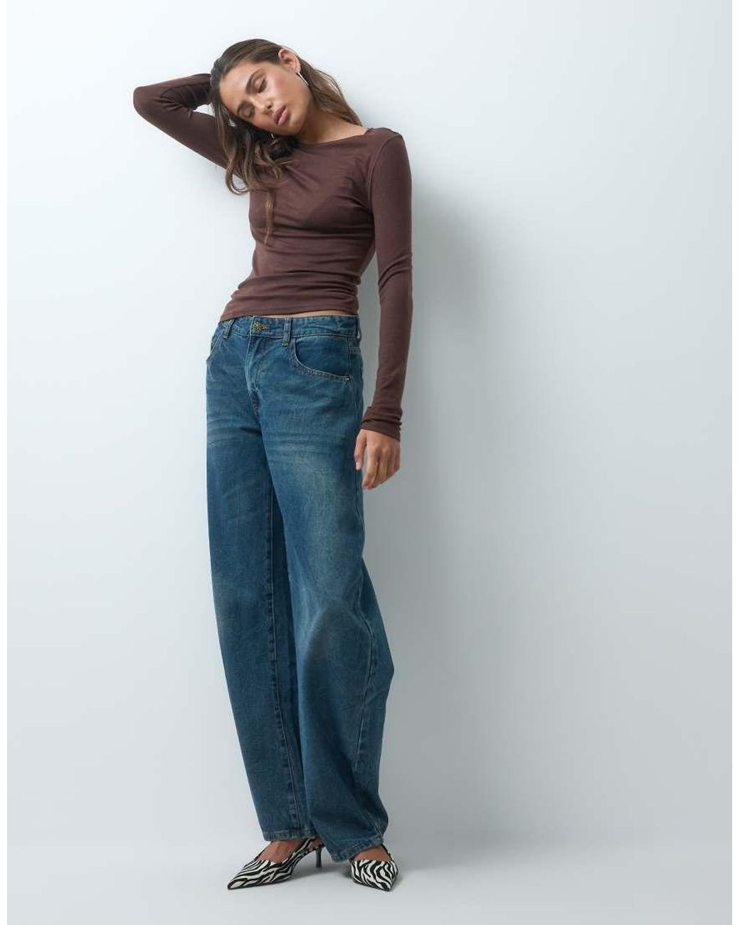 ASOS Blue Lyocell Blend Boat Neck Long Sleeve Top