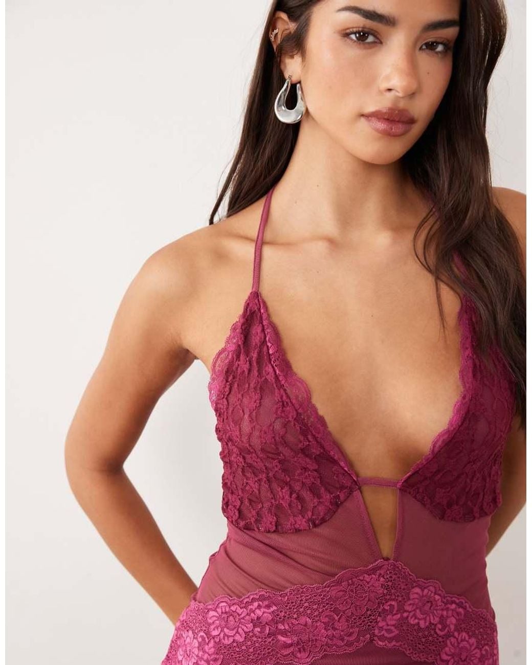 ASOS Red Lace And Mesh Mix Mini Plunge Bodycon Dress