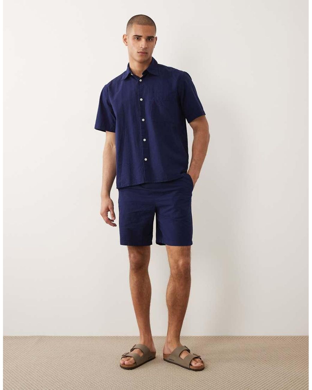 SELECTED Blue Co-ord Seersucker Short Sleeve Shirt for men