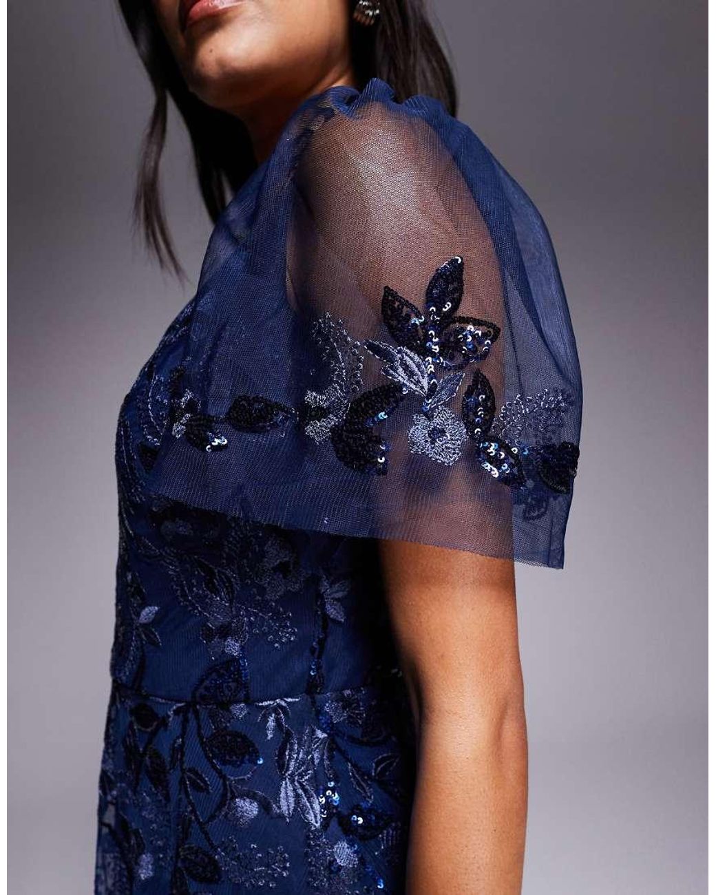 Goddiva Blue Flared Sleeve Embroidered Maxi Dress