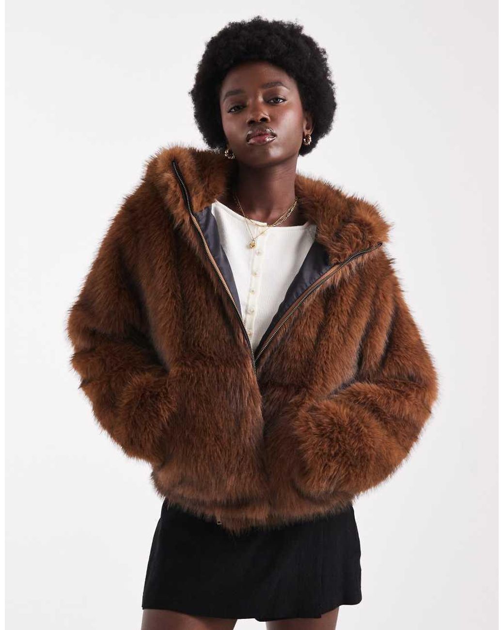 ASOS Brown Hooded Faux Fur Bomber Coat
