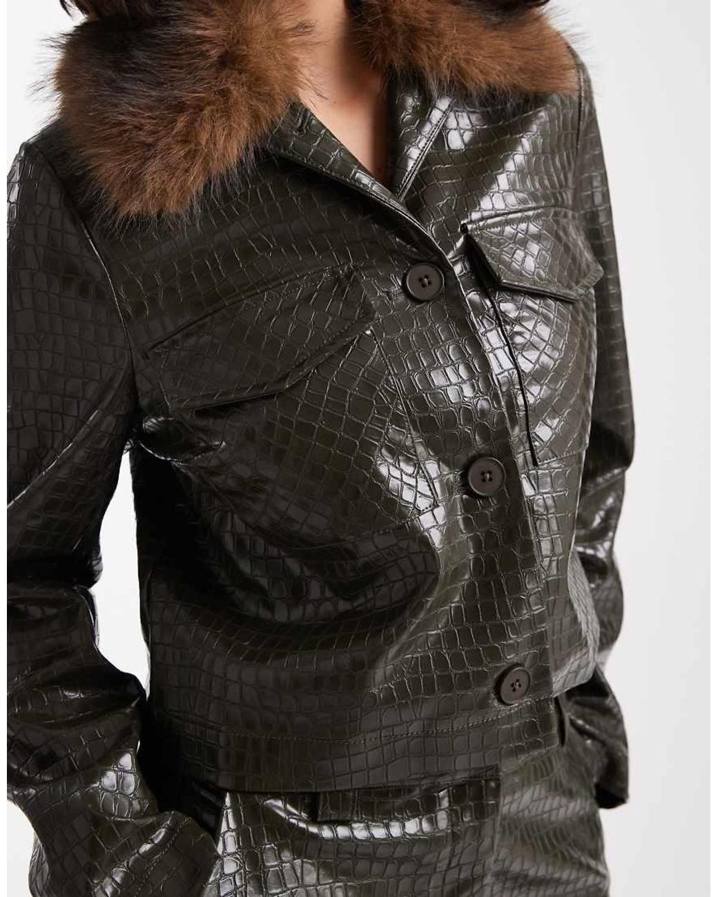 New Look Black Co-Ord Faux Leather Croc Printed Cropped Jacket