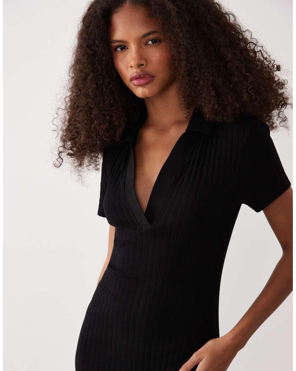 ASOS Black Ribbed Short Sleeve Polo Midi Dress