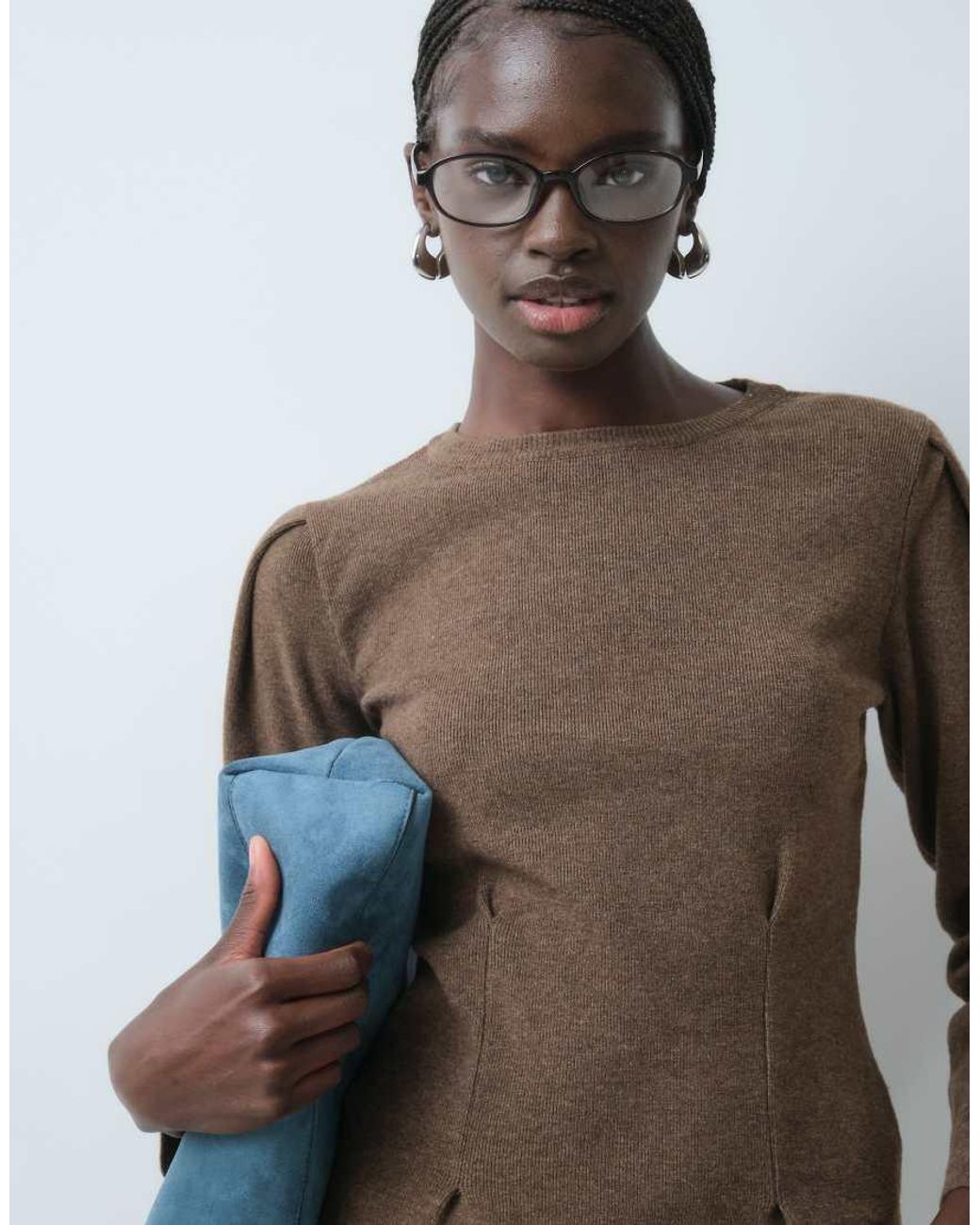 ASOS Brown Puff Sleeve Jumper With Pleated Hem